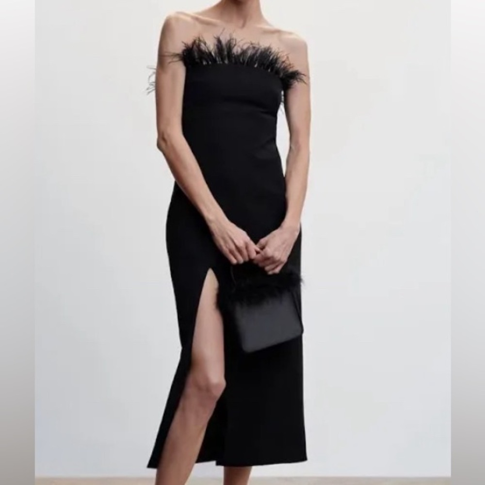 MANGO Feather Detail Midi Dress in BLACK XS/SIZE 2